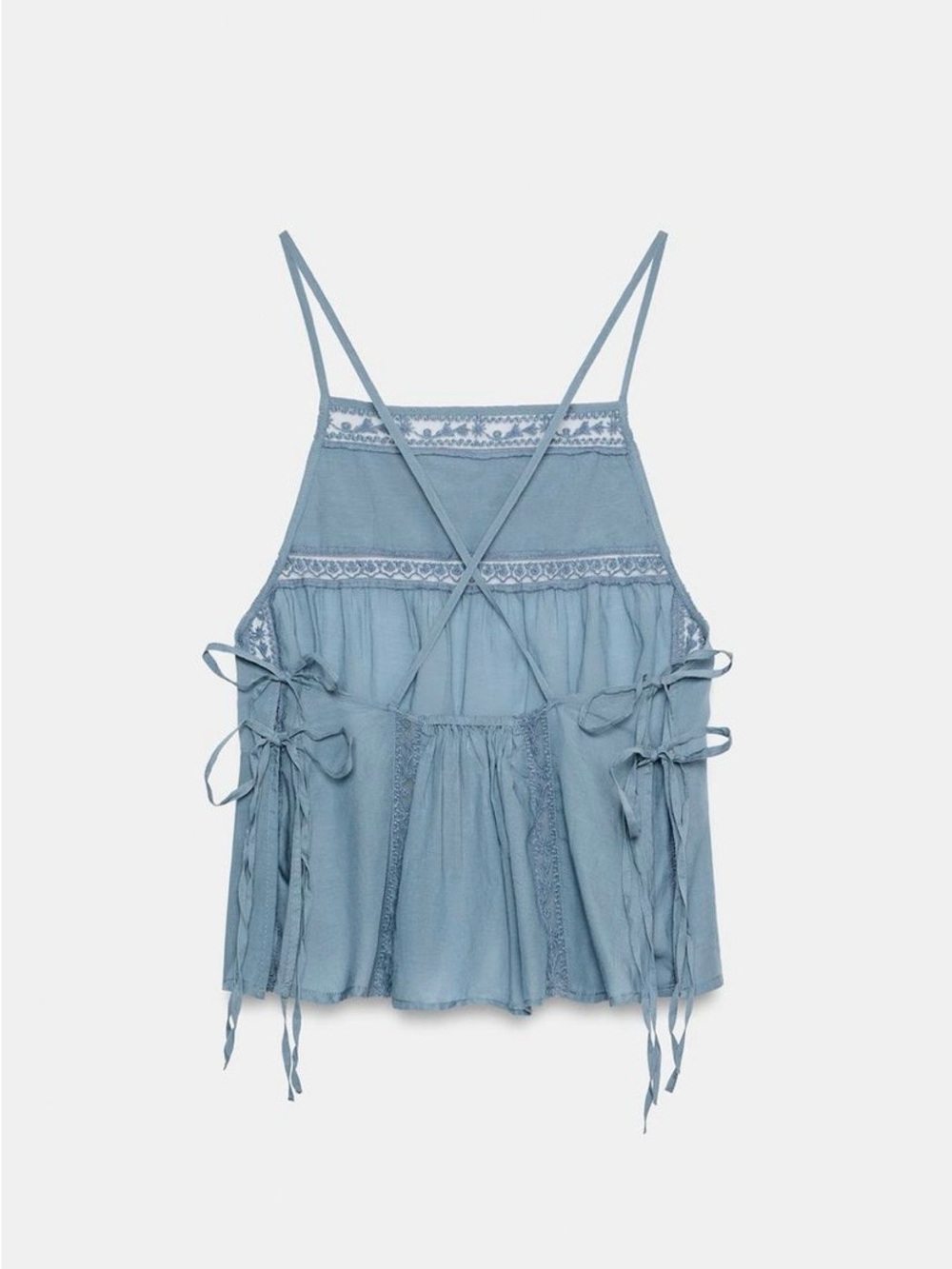 BNWT Zara Blue Embroidered Lace Stappy Bow Top